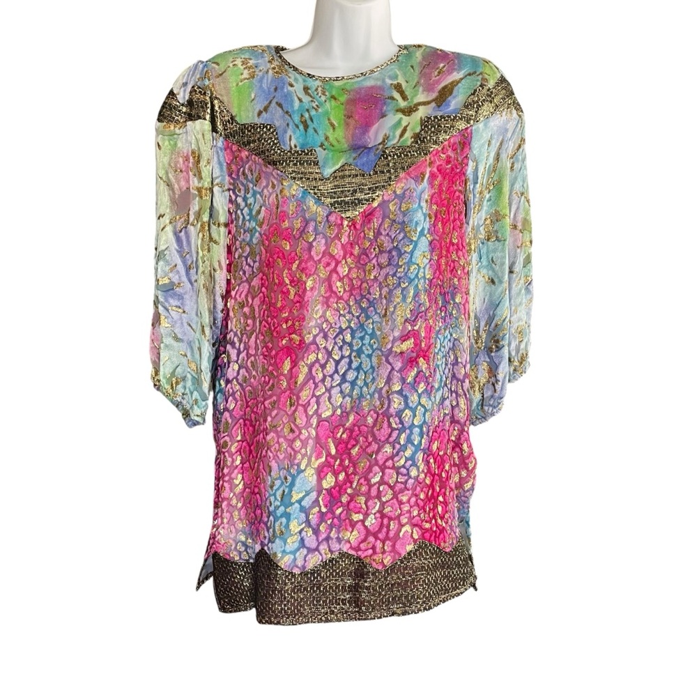 Vintage Diane Freis 100% Silk Mulicolor Graphic 3/4 Sleeve Top 80s Glam Rock